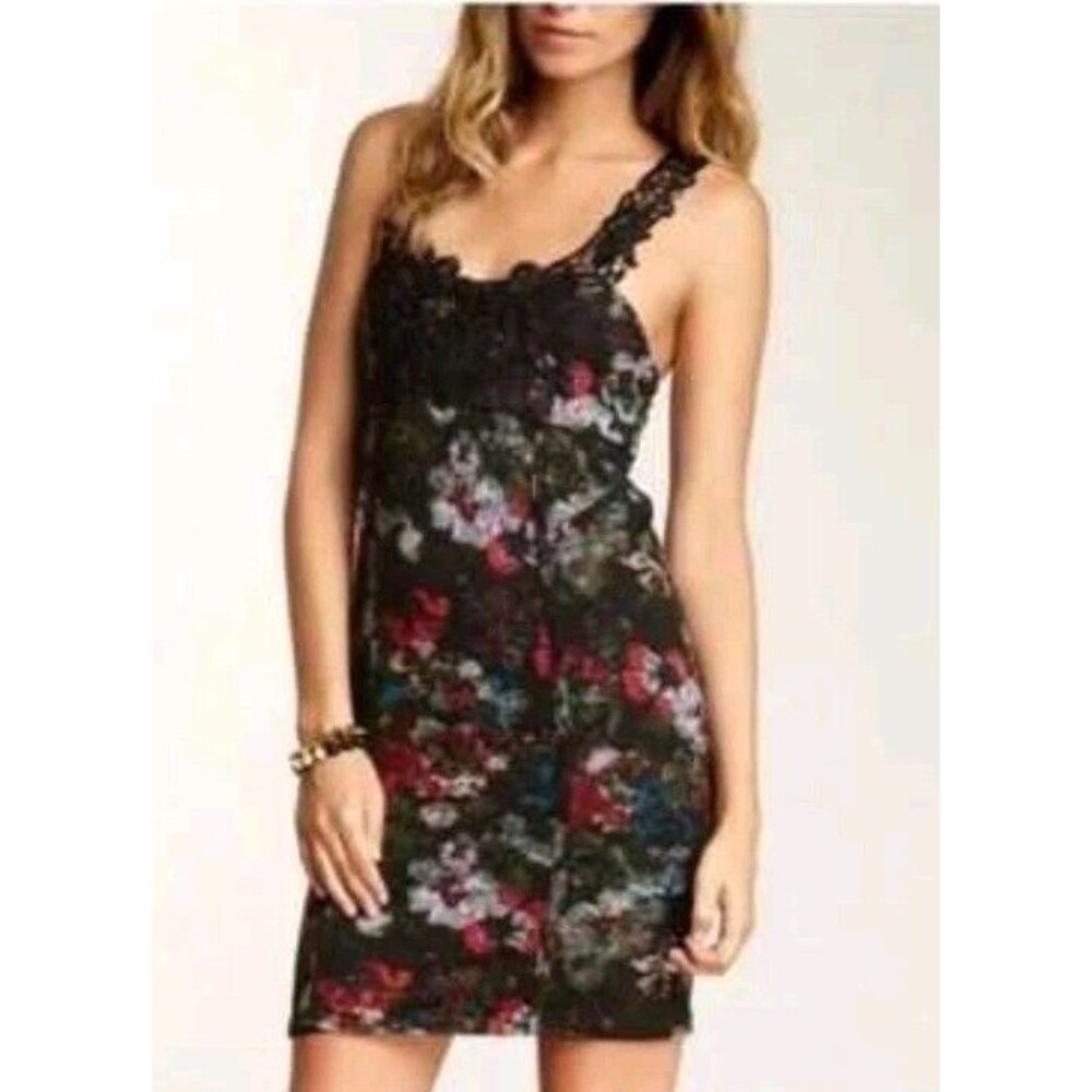 Free People Sz Medium Floral Bodycon Crochet Strap Mini Dress